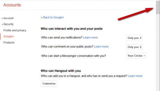 Настройки приватности Google+