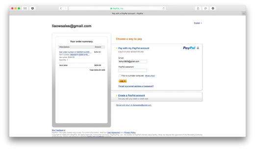 Форма оплаты в PayPal.