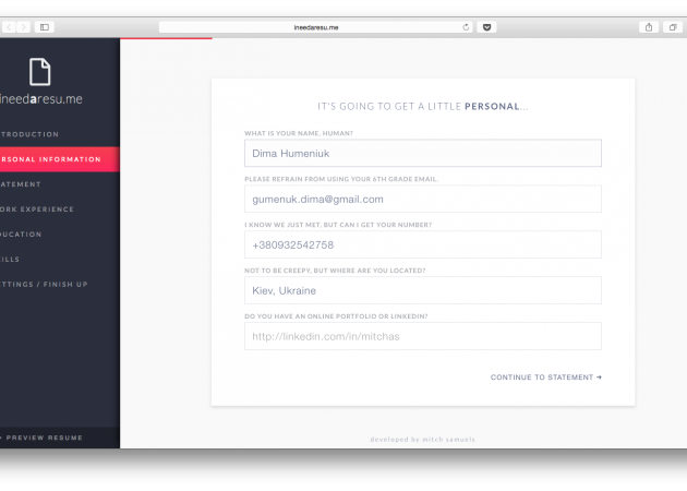 Вносим базовую информацию о себе, прикрепляем ссылку на LinkedIn