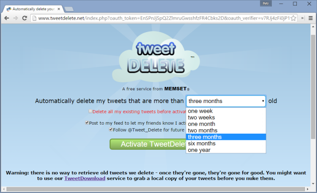 Автоматическое удаление старых твитов с tweetdelete.net