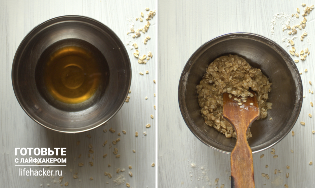 Творожные батончики с нектарином: смешайте масло с мёдом и добавьте к ним овсянку, муку и соду